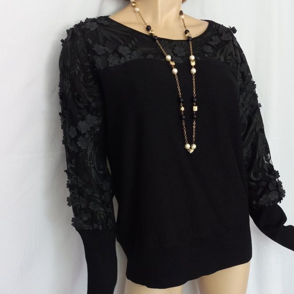 NWT $88 JOSEPH A 3D FLOWER MESH SLEEVES KNIT TOP IN BLACK Top Sz 2X VERY CHIC! - Picture 3 of 7